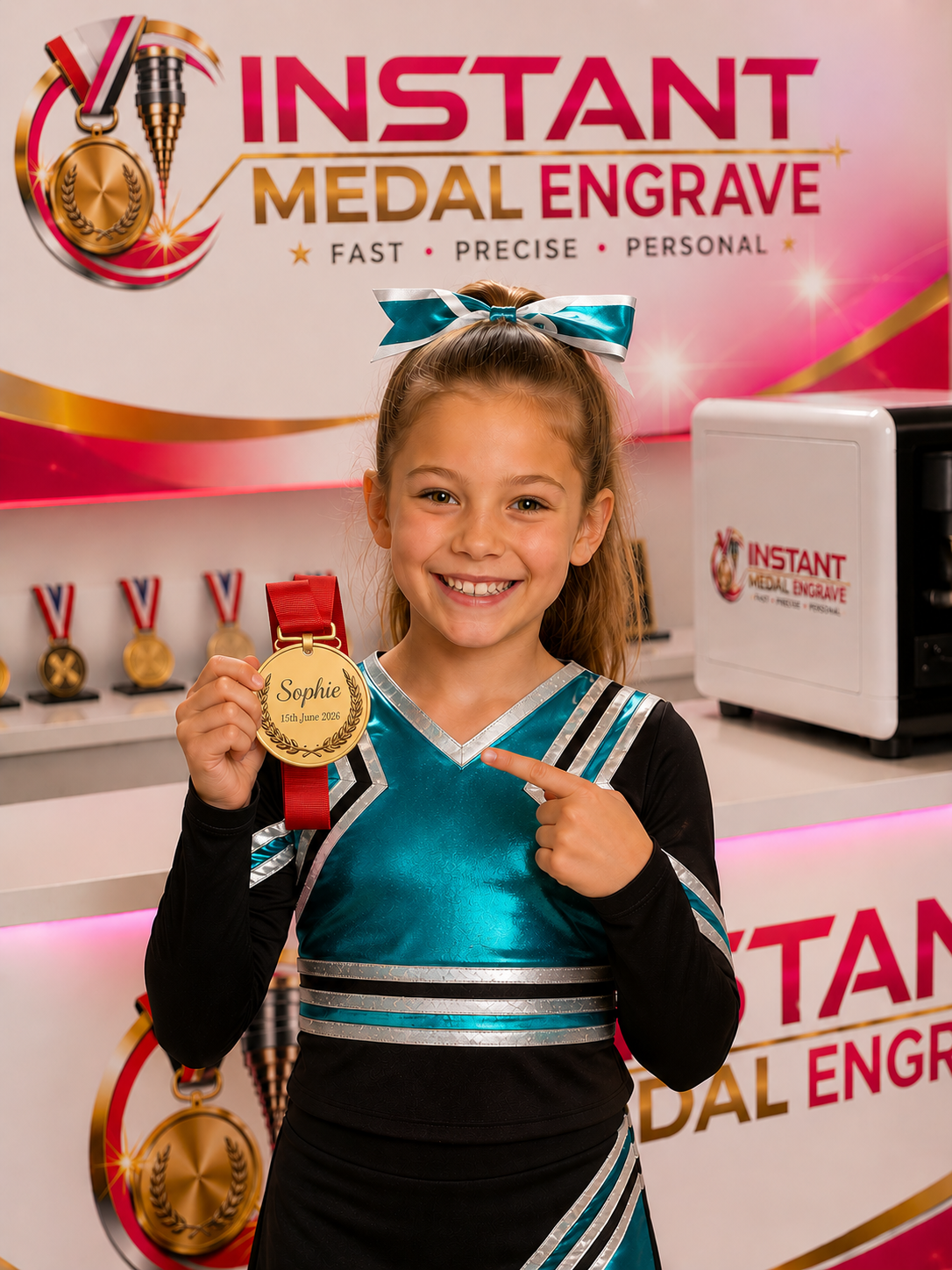 Young dancer proudly displaying her engraved competition medal