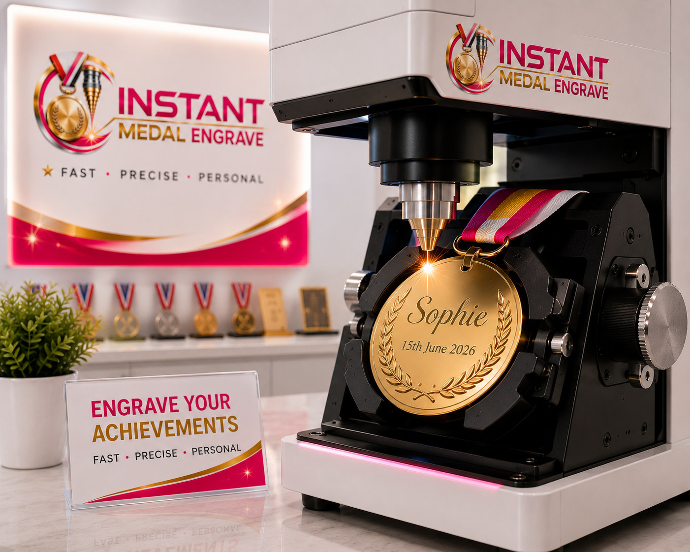 Gold medal engraved with the recipient's name and competition date