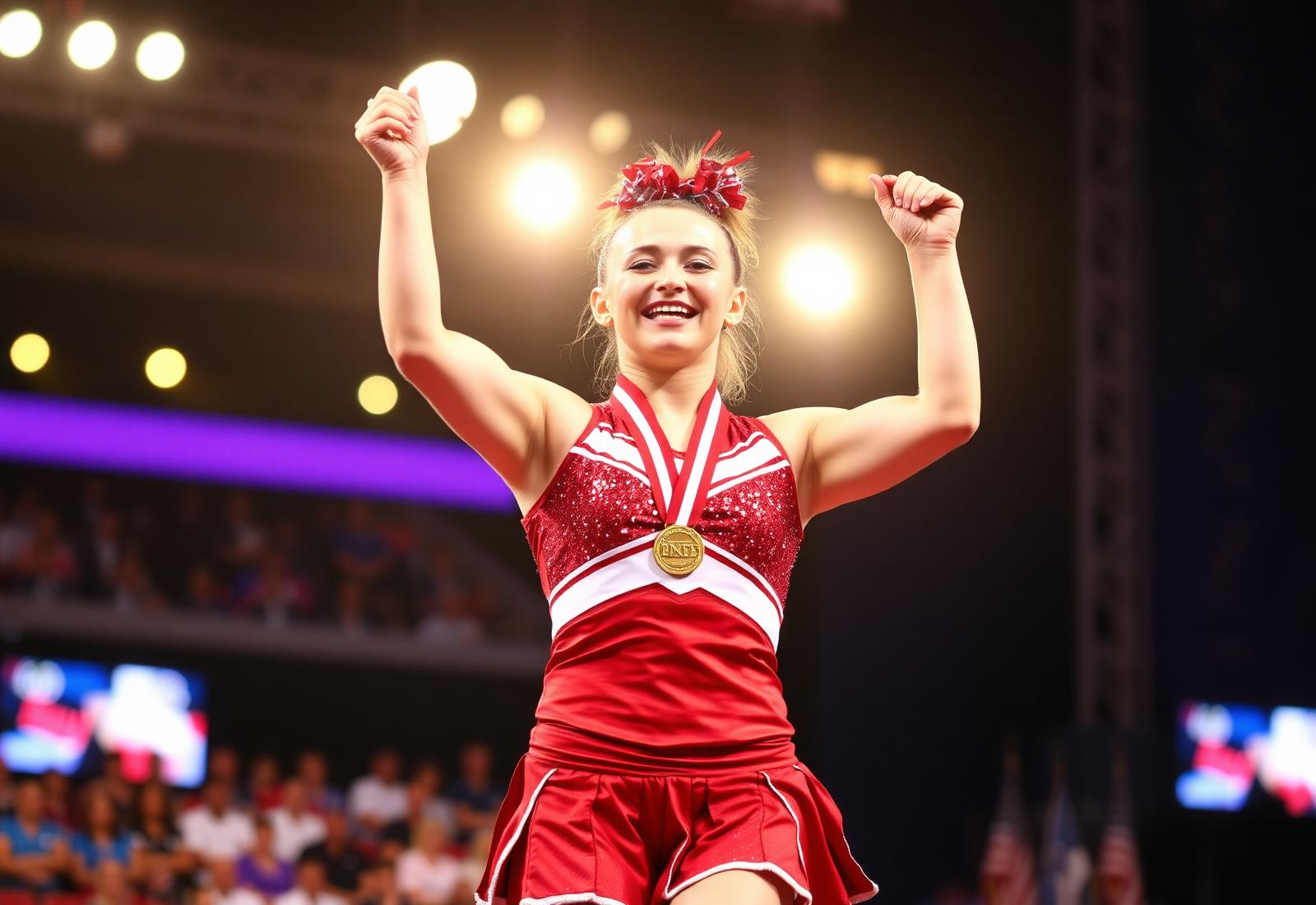 Cheerleader holding up her competition medal on stage