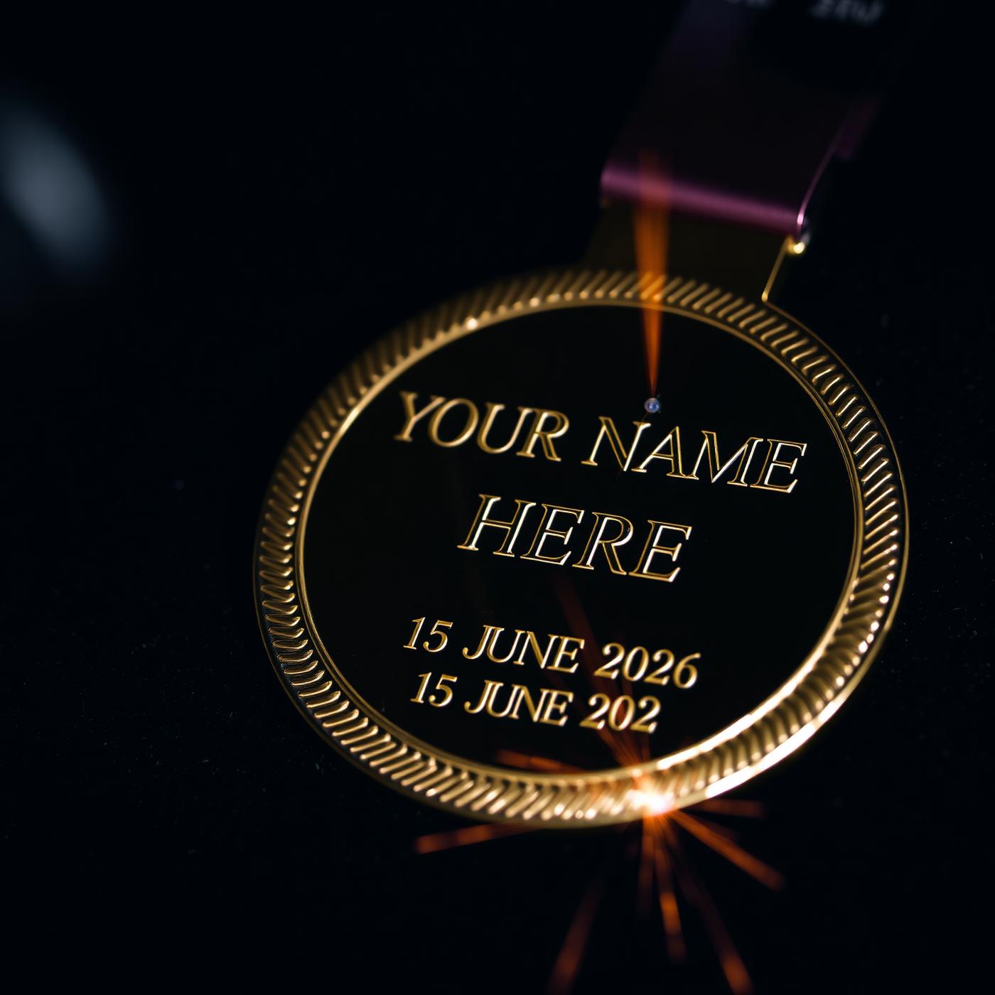 Gold medal engraved with the recipient's name and competition date